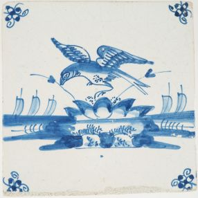 Antique Delft tile with a flying bird, 17th- 18th century
