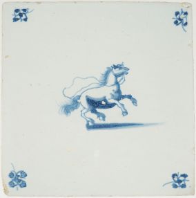 Antique Delft tile with a horse running wild, 17th century 