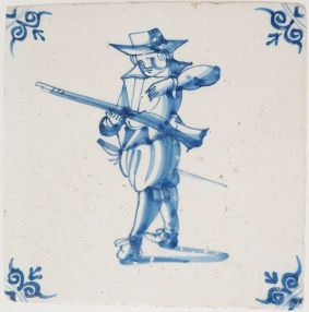 Antique Delft tile with a musketeer, 17th century