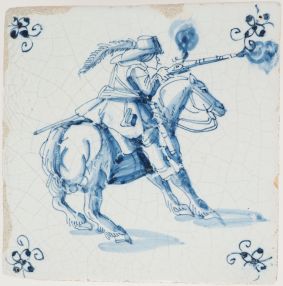 Antique Delft tile with a horseman, 17th century
