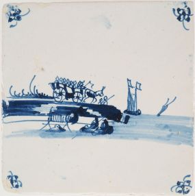 Antique Delft tile with a carriage on a rampage, 18th century