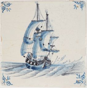 Antique Delft tile with a Fluyt, 17th century