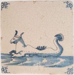 Antique Delft tile with a sea monster, 17th century