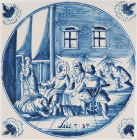 Antique Delft tile with the Anointing of Jesus, 18th century