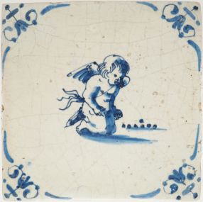 Antique Delft tile with Cupid playing a game of marbles, 17th century
