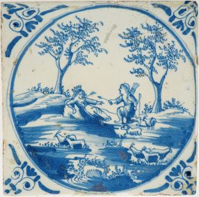 Antique Delft tile with the final scene of Il Pastor Fido, 17th century