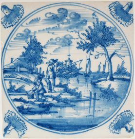 Antique Delft tile with a fishing scene, 18th century