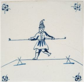 Antique Delft tile with an acrobat on a balancing rope, 18th century