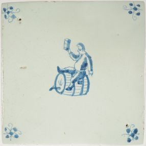 Antique Delft tile with a man drinking wine, 17th century