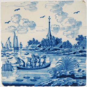 Antique Delft tile with a ferry, 18th century