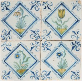 Antique Delft set of tiles with flowers, 17th century