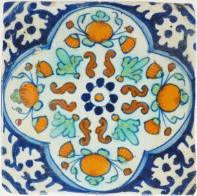 Antique Delft tile with a pompadour ornament, 17th century