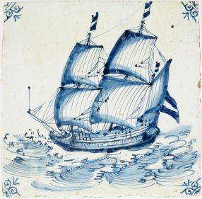 Antique Delft tile with a Fluyt, 17th century