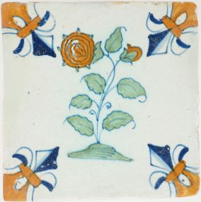 Antique Delft tile with a rose, 17th century