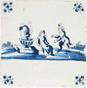 Antique Delft tile with Jupiter as Satyr with Antiope, 17th century