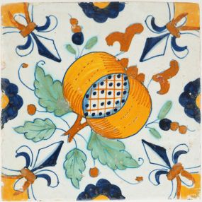 Antique Delft tile with the pomegranate ornament, 17th century