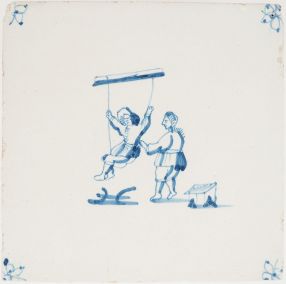 Antique Delft tile with two children on a swing, 18th century