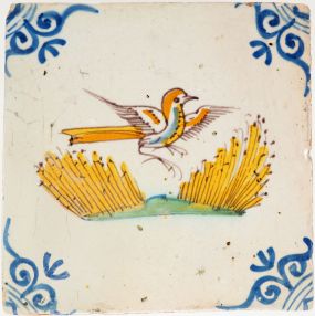 Antique Delft tile with a hunted bird, 17th century