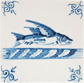 Antique Delft tile with a flying fish, 17th century