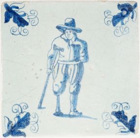 Antique Delft tile with a man with a wooden leg, 17th century