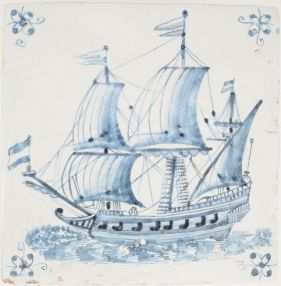 Antique Delft tile with a warship, 17th century