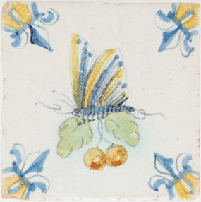 Antique Delft tile with a butterfly, 17th century