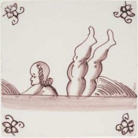 Antique Delft tile with a one or two persons swimming, 19th century