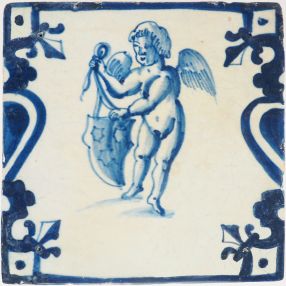 Antique Delft tile with Cupid holding a coat of arms, 17th century