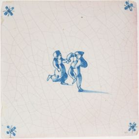 Antique Delft tile with two men dancing, 17th century