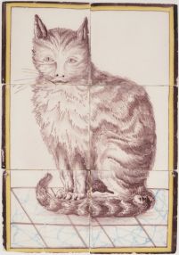Antique Delft tile murals in manganese with a cat and a dog, 19th century