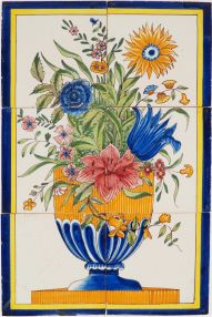 Antique Dutch tile mural with polychrome flower vase, 19th century