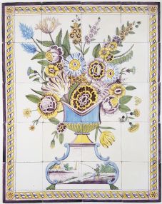 Antique Delft tile mural with a wonderful polychrome flower vase, 19th century
