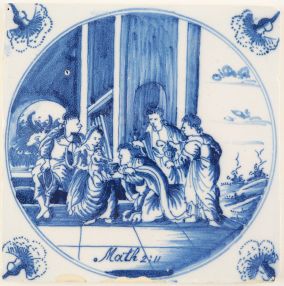 Antique Delft tile with the Three Wise Men visiting baby Jesus, 18th century