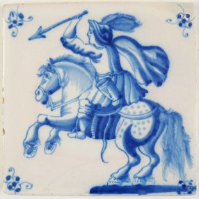 Antique Delft tile with a horseman wielding a spear, 20th century Rotterdam