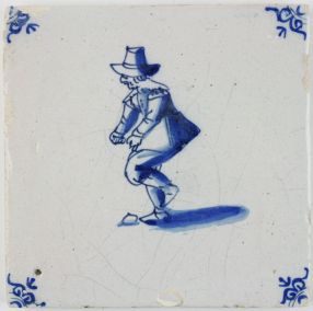 Antique Delft tile with a child playing a game of Hopscotch, 17th century