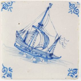 Antique Delft tile in blue with a ship under sail encountering large waves, 17th century