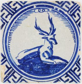 Antique Dutch Delft tile known as 'Kroontegel' depicting a wonderful stag, 17th century