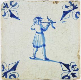 Antique Dutch Delft tile with an archer shooting a crossbow