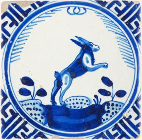 Antique Delft tile in blue with a hare, 17th century Rotterdam