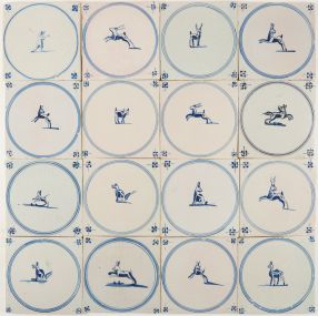 Antique Dutch Delft wall tiles with animals in blue circle 'springers', 18th - 19th century
