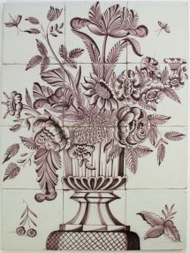 Antique Dutch tile mural with manganese flower vase