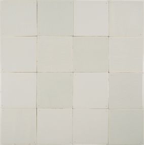 Plain white Delft tiles in a grey mix by Poarte. Enhancements: crackled finish and pinholes.