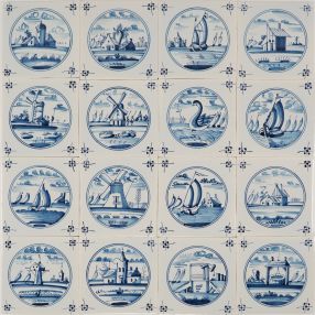 Hand-painted Delft tiles with landscapes in blue - Poarte P-11 series / 1-16 tiles