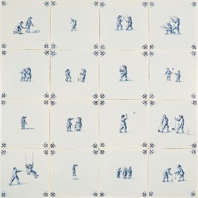 Hand-painted Delft tiles with child's play scenes in blue - Poarte P-15 series / 1-16 tiles