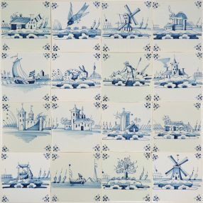 Hand-painted Delft tiles with landscapes in blue - Poarte P-10 series / 1-16 tiles