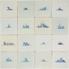 Antique Delft wall tiles with small landscape scenes in blue, 17th century