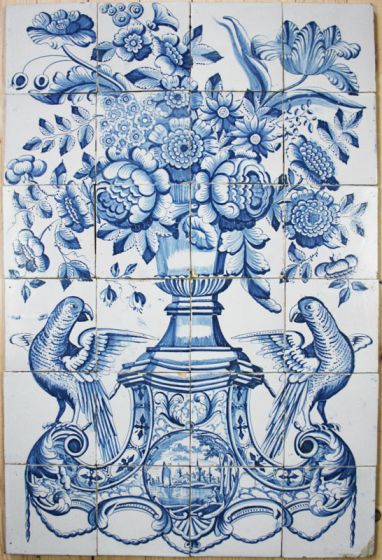 Antique Dutch Delft tile with flower shops vase with face