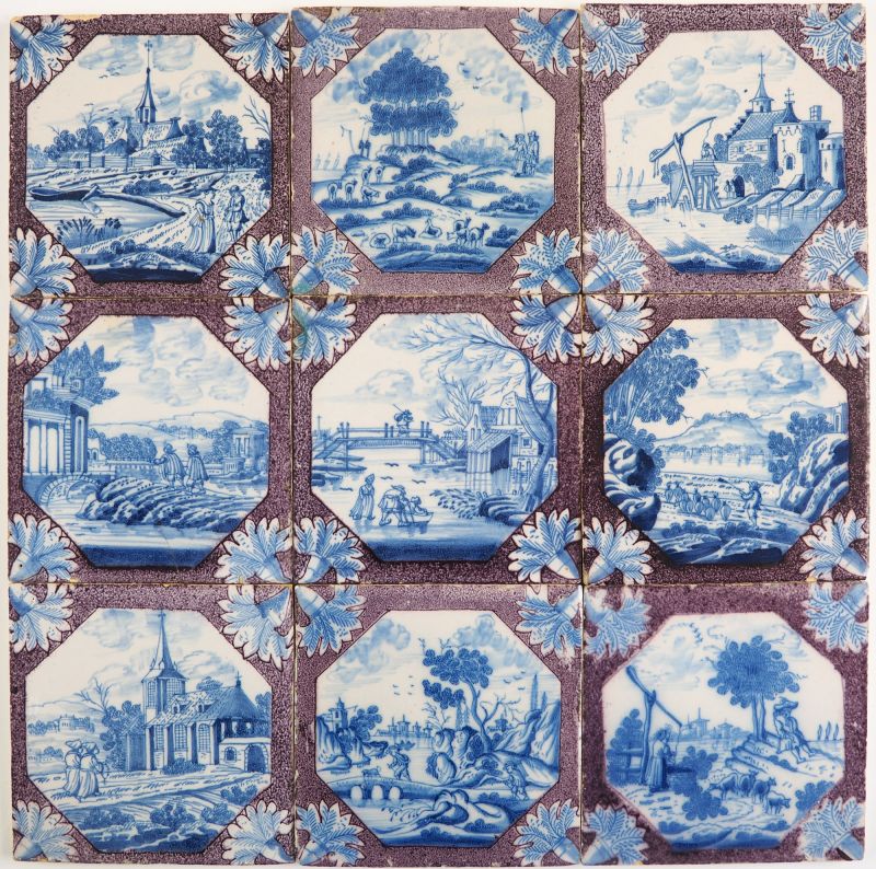 Set of nine antique Delft tiles in blue and manganese with highly detailed  landscape scenes, 18th century Rotterdam
